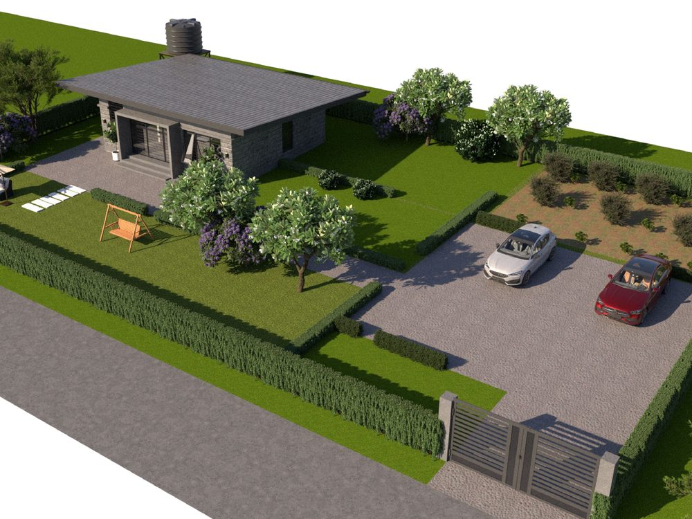 3D architectural render of a proposed bungalow with landscaped compound
