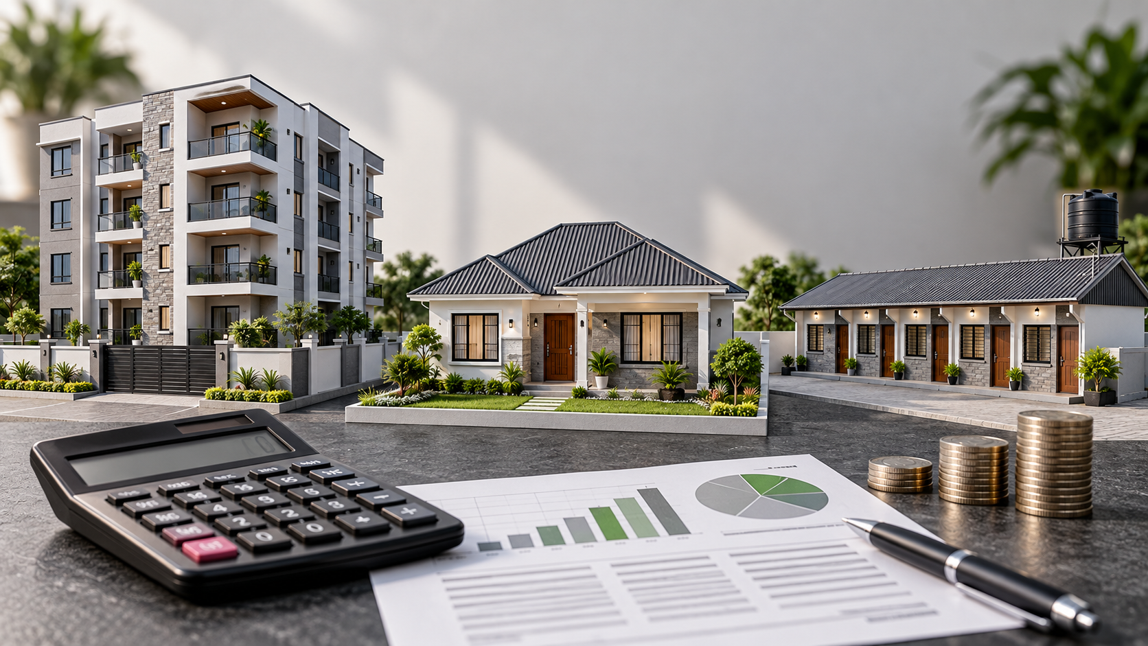 Kenyan apartment, home and rental-unit models beside a calculator and coins
