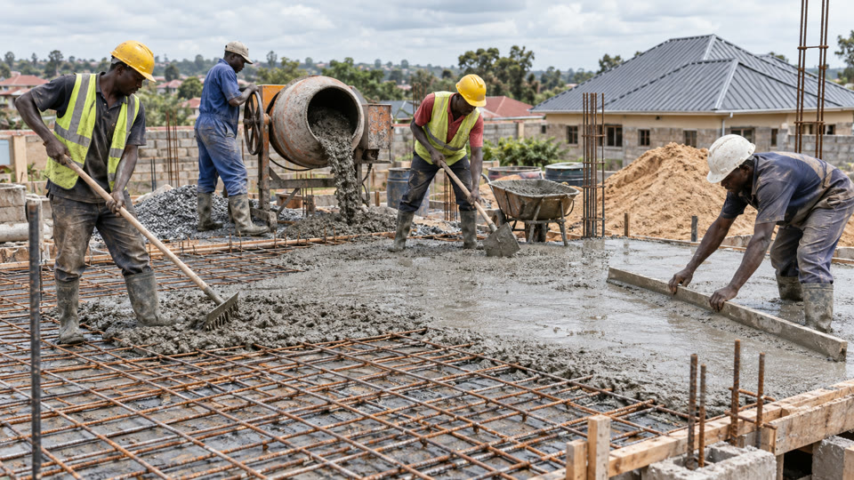 Workers pouring a reinforced concrete slab