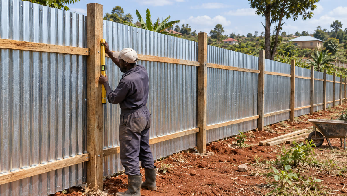 Kenyan fundi aligning a corrugated mabati boundary fence