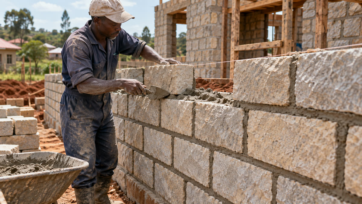 Kenyan mason building with machine-cut Ndarugo stones
