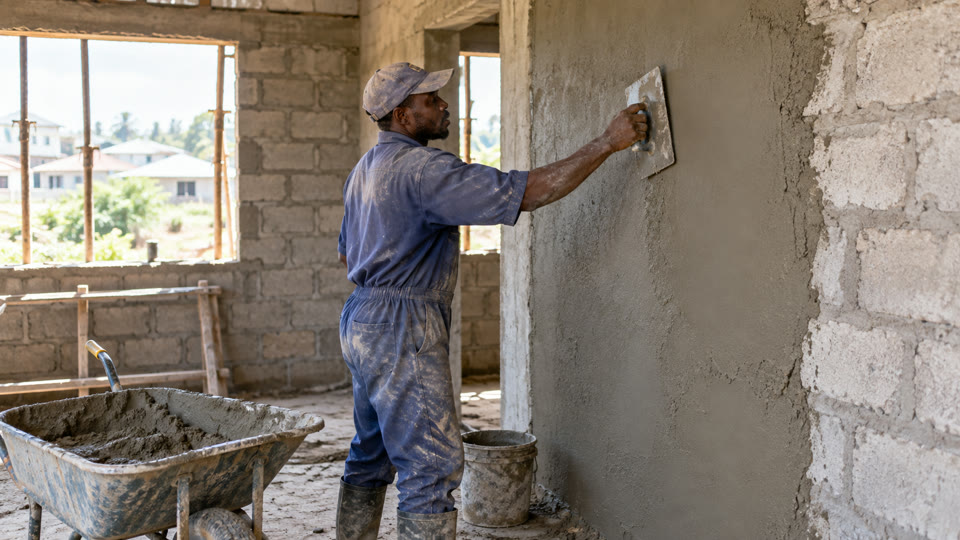 Kenyan fundi applying plaster to a masonry wall