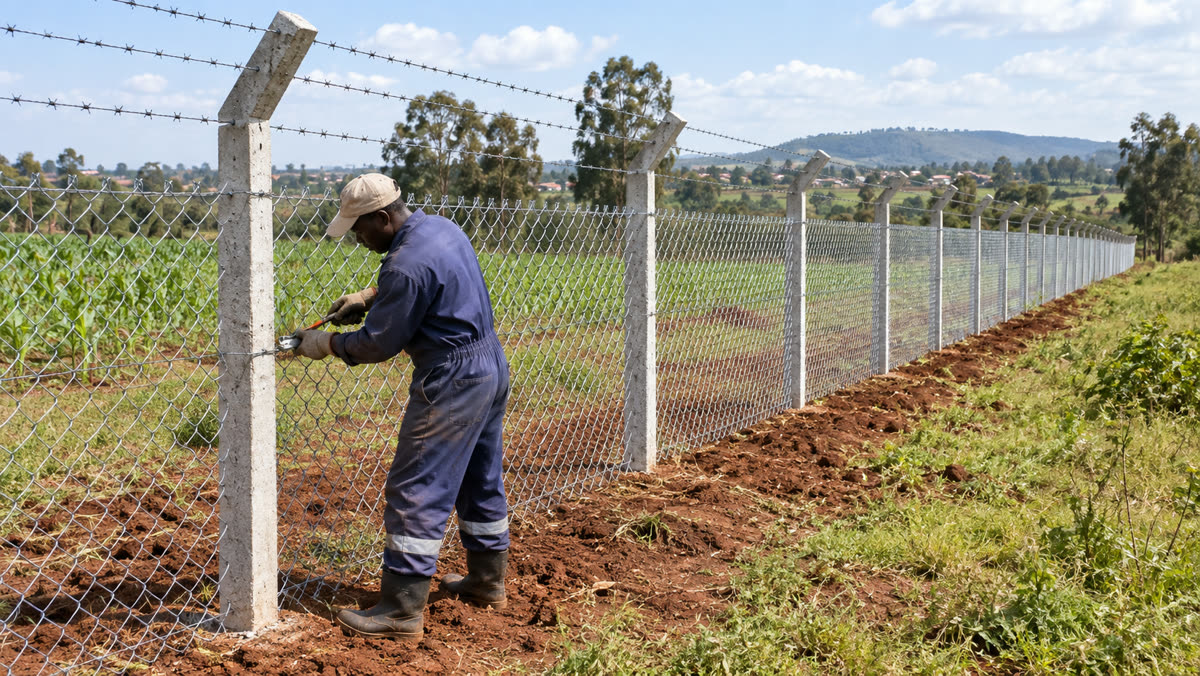 Chain-link and barbed-wire post fence being installed in Kenya