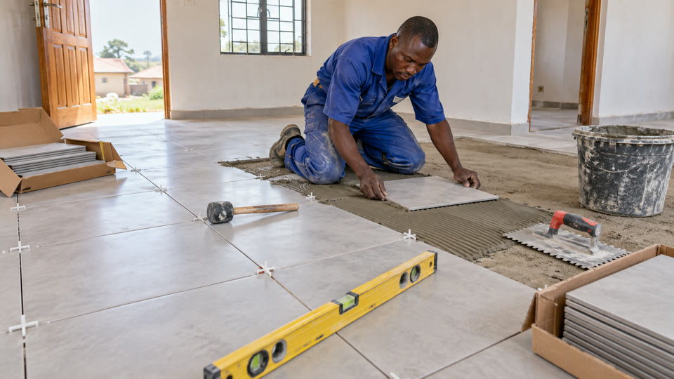 Kenyan tile installer laying floor tiles