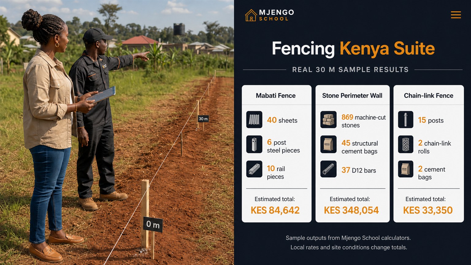 Kenyan landowner comparing mabati, stone wall, and chain-link fence estimates for a 30 metre boundary