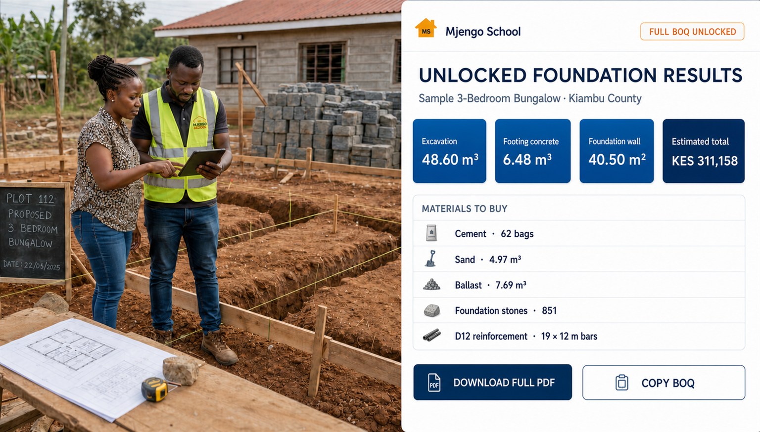 Kenyan self-builders reviewing an unlocked foundation material list and estimate