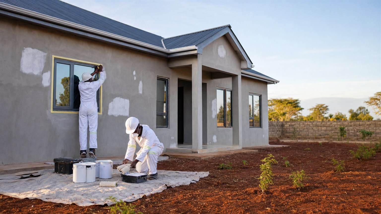 Kenyan painters preparing a newly plastered home while paint materials are laid out