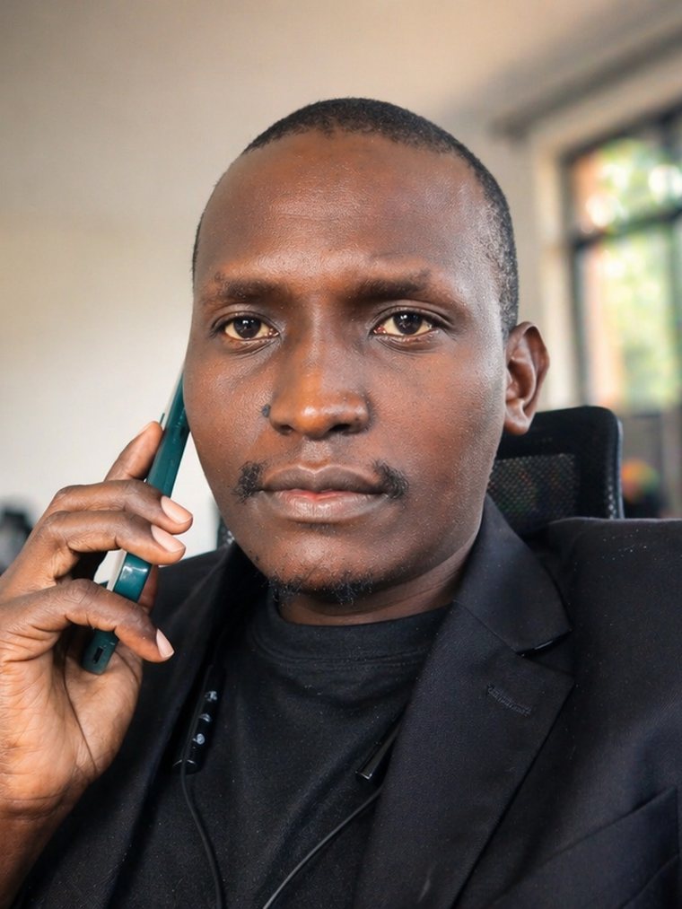 Miano Muthii taking a client call at his desk